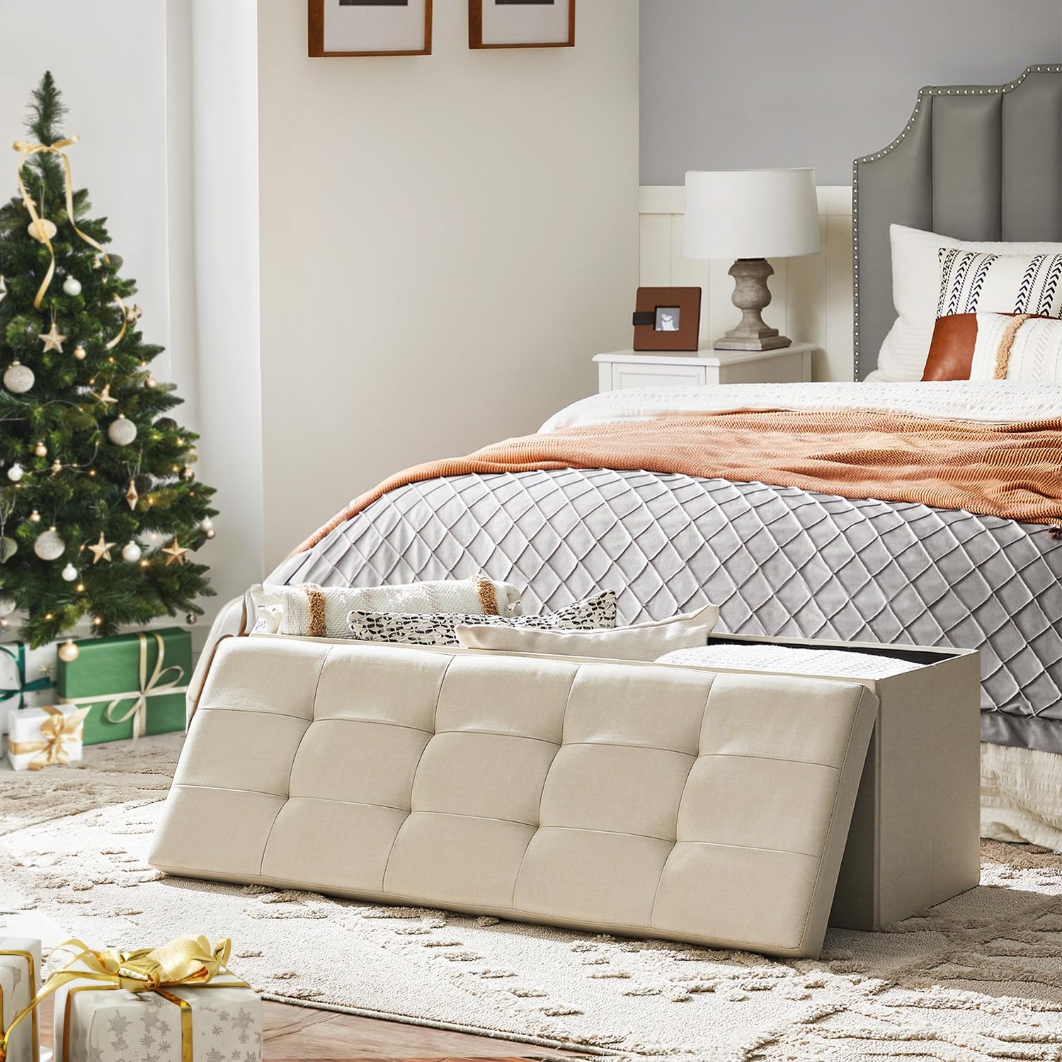 SONGMICS 109cm Folding Storage Ottoman Bench Beige LSF77BE - - SONGMICS 109cm Folding Storage Ottoman Bench Beige LSF77BE -