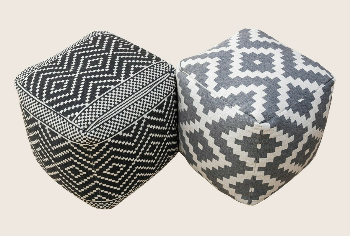 Vintage Geometric Pouf Cotton Printed Footstool Ottoman Pouf - Vintage Geometric Pouf Cotton Printed Footstool Ottoman Pouf