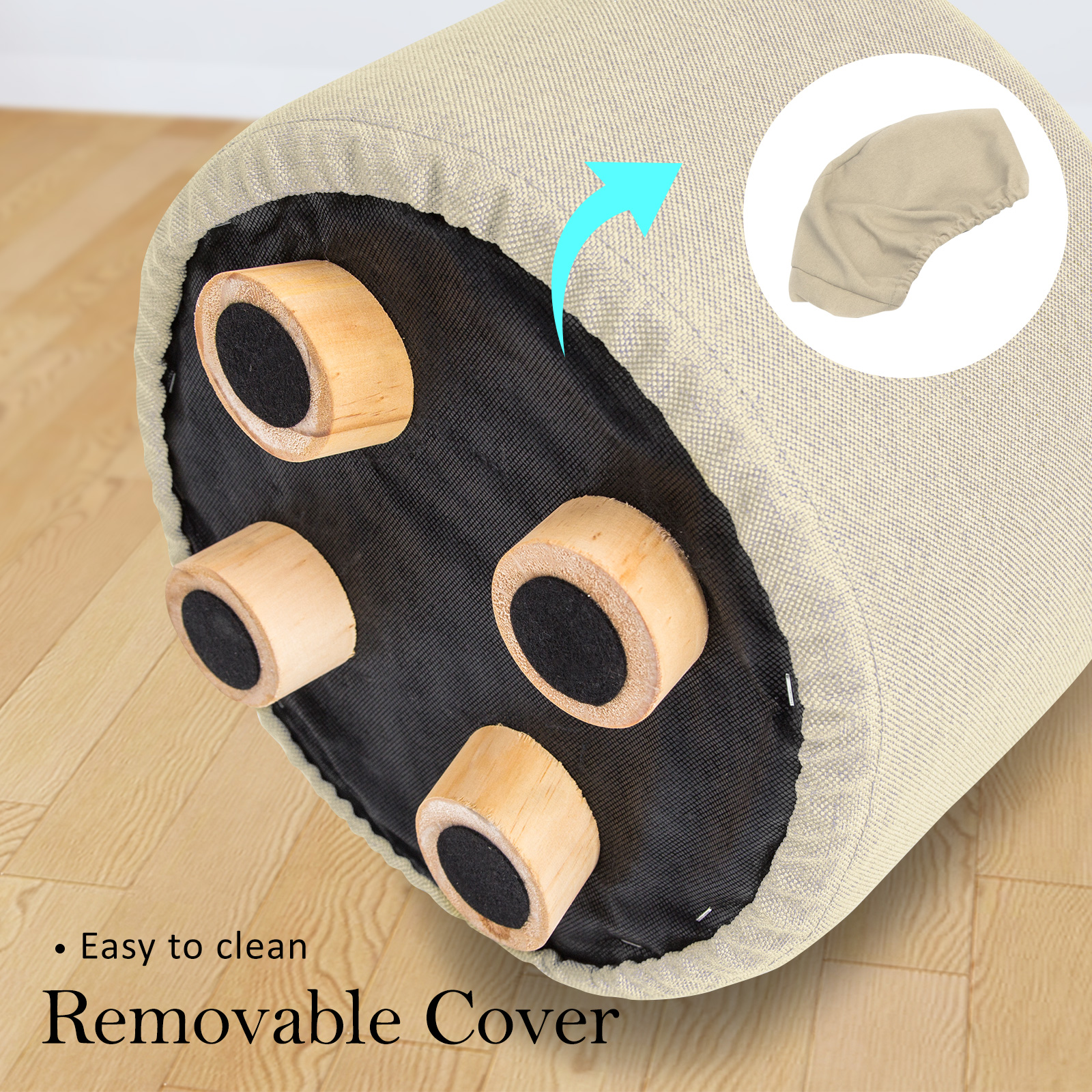 La Bella 2 Set Beige Fabric Ottoman Round Wooden Leg Footsto - La Bella 2 Set Beige Fabric Ottoman Round Wooden Leg Footsto