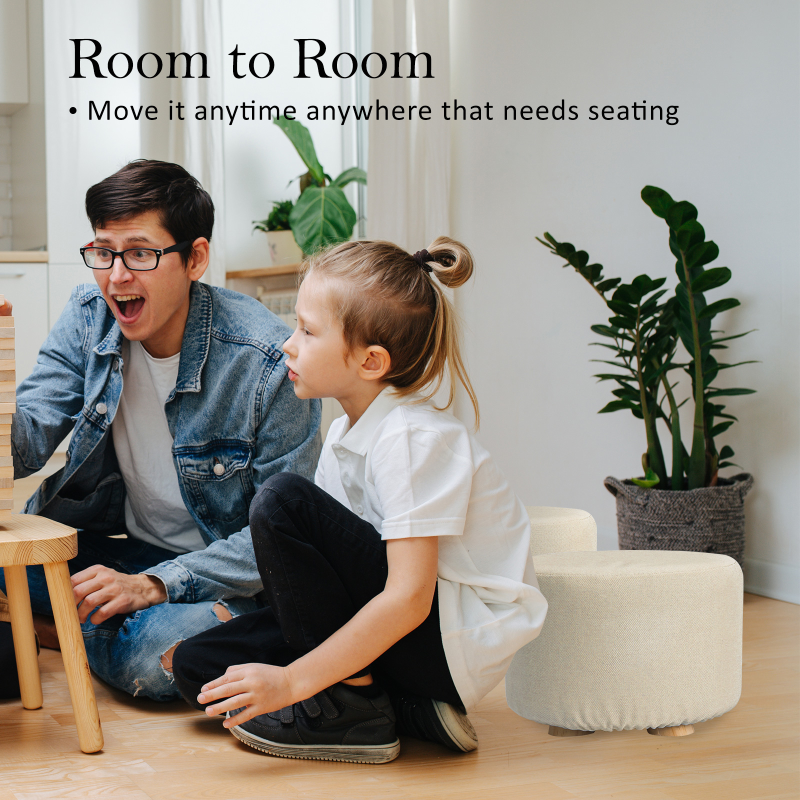 La Bella 2 Set Beige Fabric Ottoman Round Wooden Leg Footsto - La Bella 2 Set Beige Fabric Ottoman Round Wooden Leg Footsto