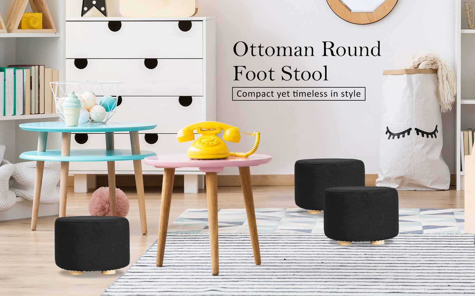  La Bella 2 Set Black Fabric Ottoman Round Wooden Leg Foot St