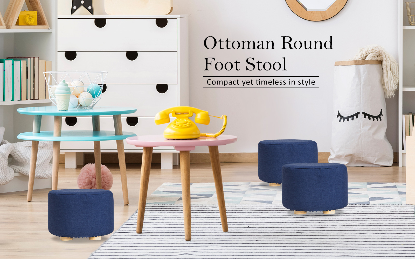  La Bella 2 Set Dark Blue Fabric Ottoman Round Wooden Leg Foo