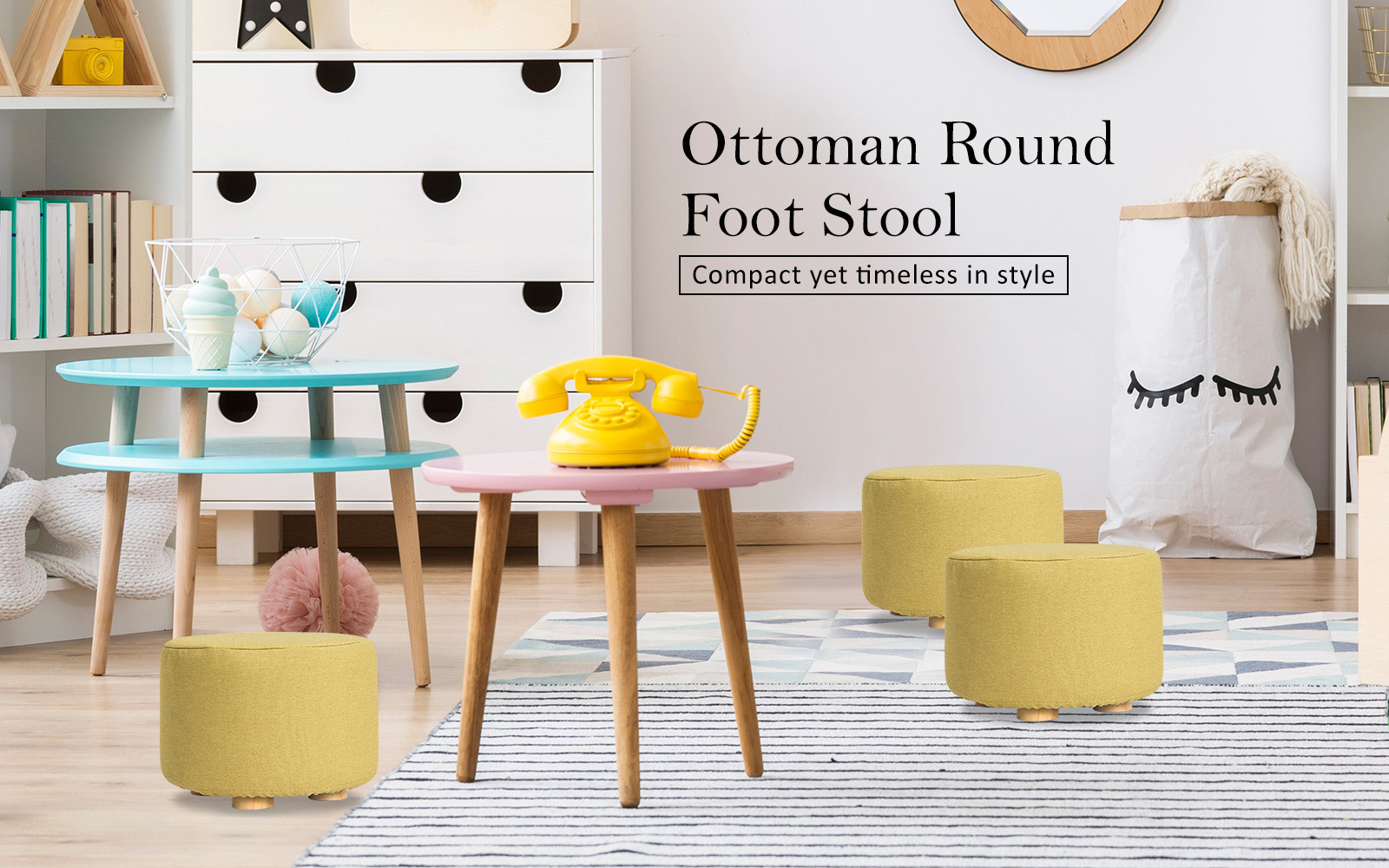 La Bella Mustard Yellow Fabric Ottoman Round Wooden Leg Foot - La Bella Mustard Yellow Fabric Ottoman Round Wooden Leg Foot