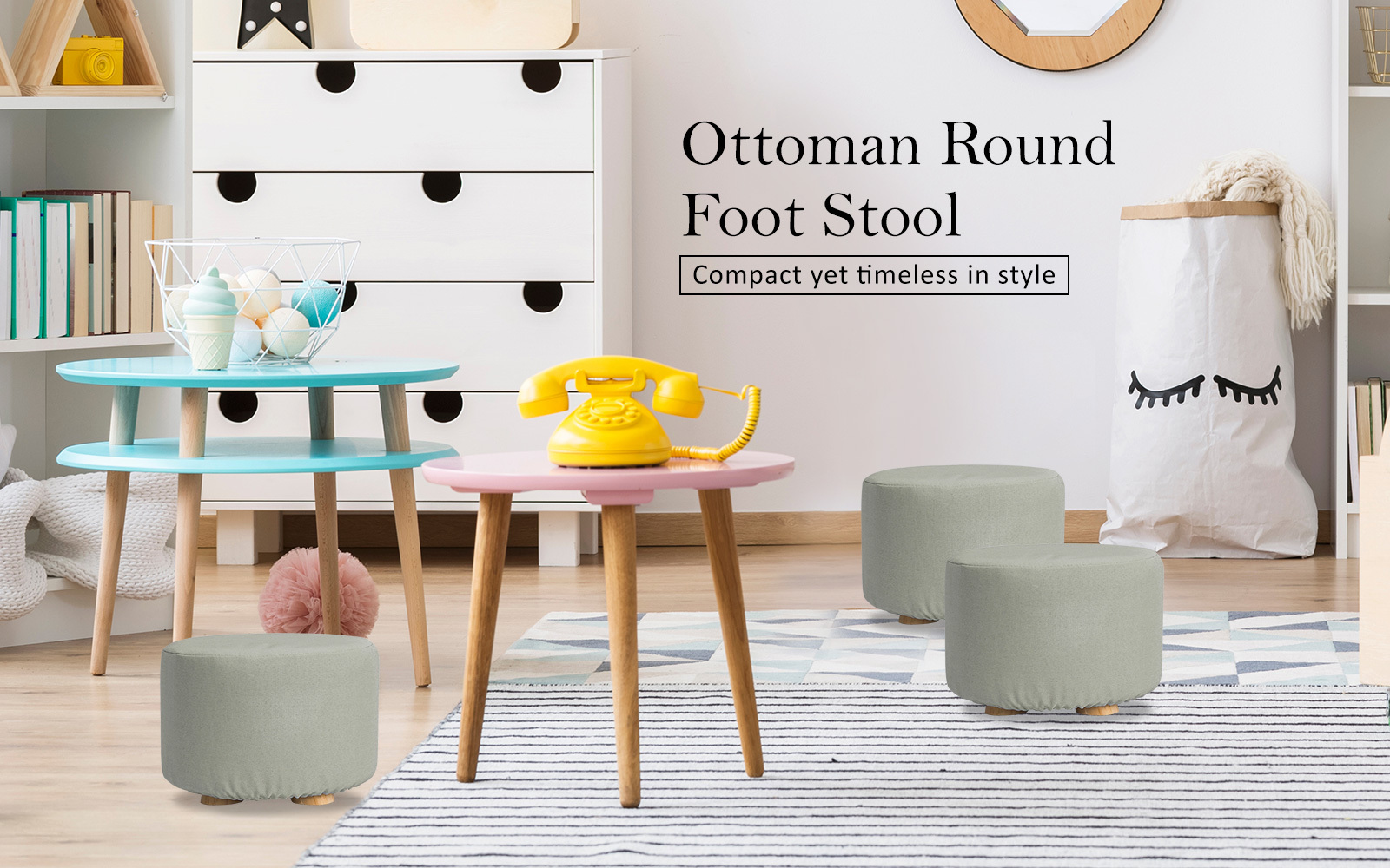  La Bella Grey Fabric Ottoman Round Wooden Leg Footstool - Au