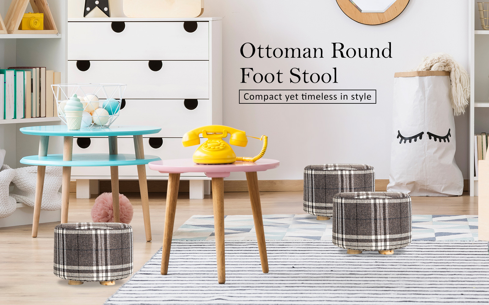  La Bella Lattice Fabric Ottoman Round Wooden Leg Footstool -