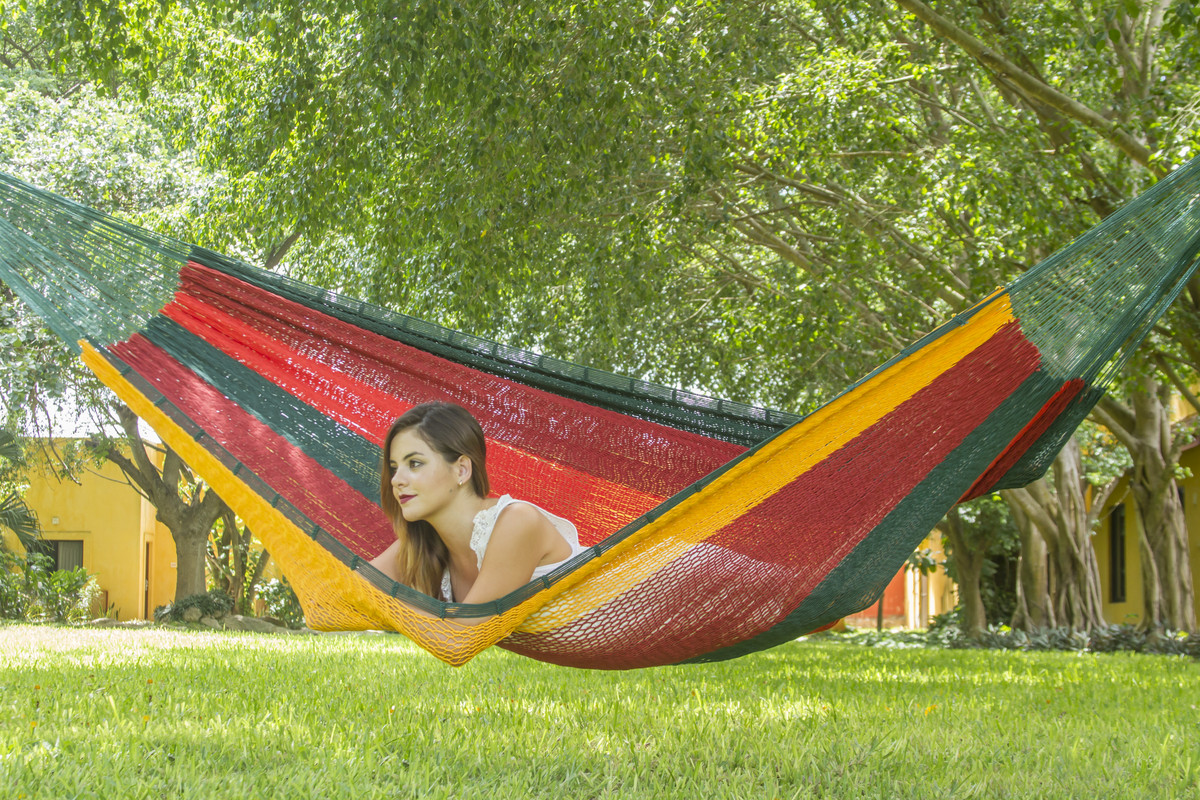 Mayan Legacy Queen Size Outdoor Cotton Mexican Hammock in Imperial Colour